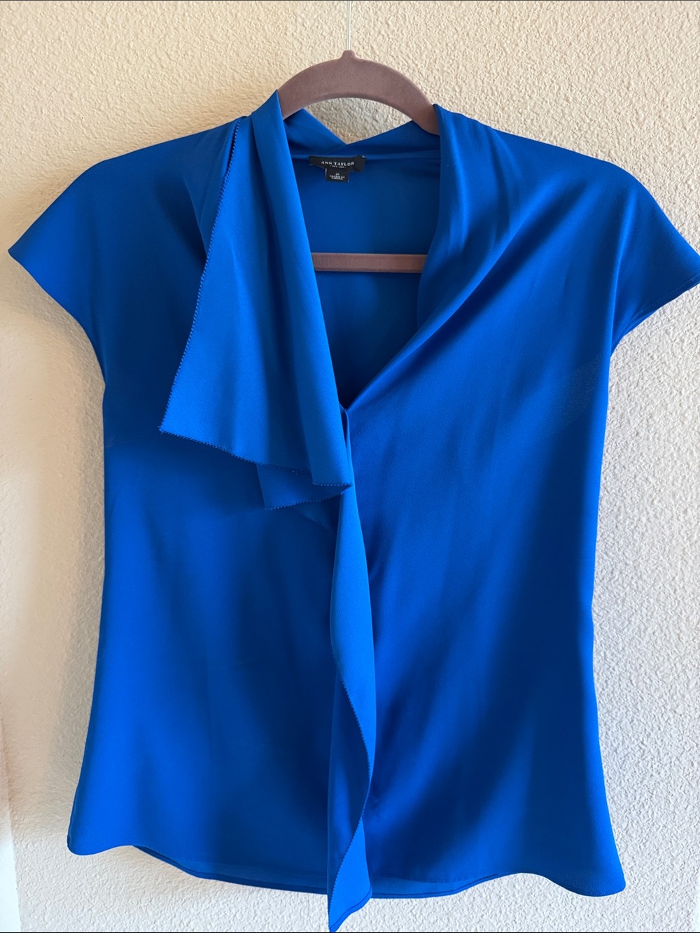 Ann Taylor Cobalt Blue Tie-Neck Cap Sleeve Blouse